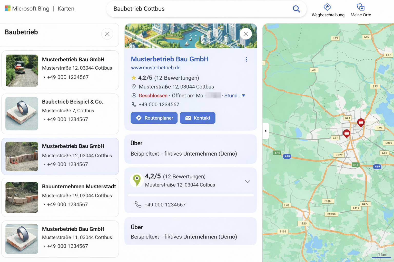 Beispielansicht: Unternehmenseintrag in Bing Places und Bing Karten