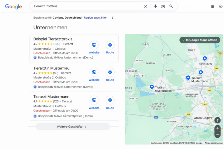 Beispielansicht: Google Maps Ergebnisse mit Unternehmenseinträgen und Profilkarte