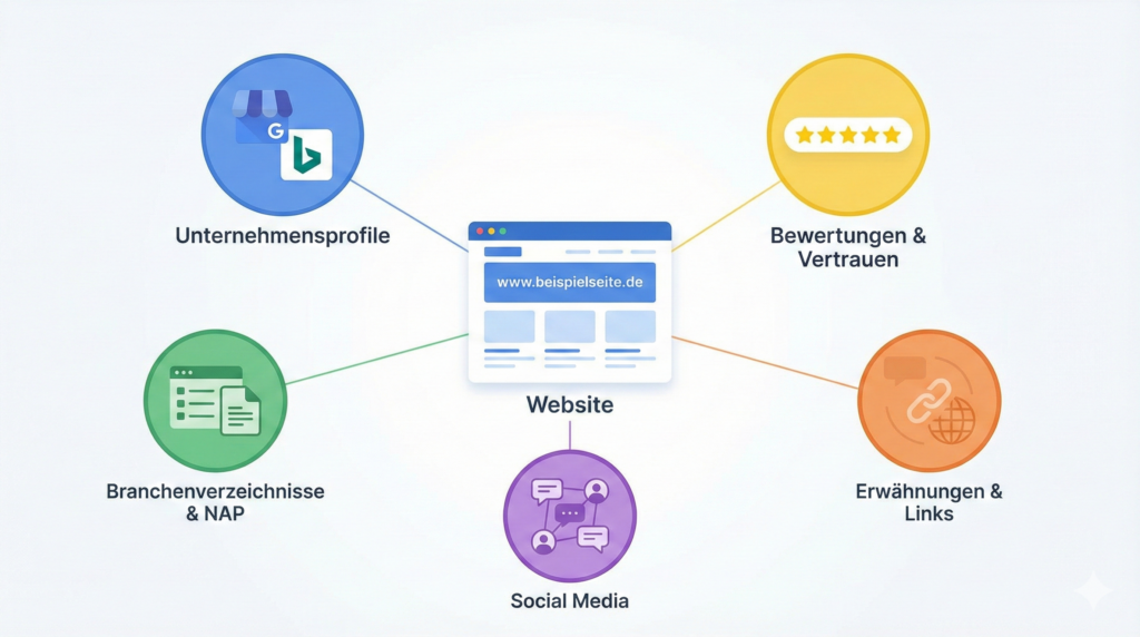Moderne Vektor-Illustration zur Visualisierung von Offpage-SEO: Eine zentrale Webseite ist über Pfeile mit fünf umliegenden Elementen verbunden, die für Unternehmensprofile, Bewertungen & Vertrauen, Branchenverzeichnisse (NAP), externe Links und Social Media stehen. Dies symbolisiert den Informations- und Vertrauensfluss zur Stärkung der Online-Sichtbarkeit.