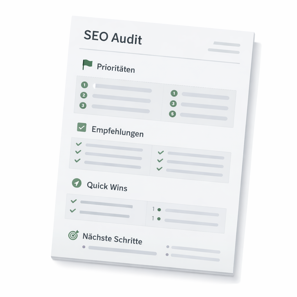 Beispielhafte Darstellung eines SEO-Audit-Reports mit Prioritäten, Empfehlungen, Quick Wins und nächsten Schritten für Unternehmen