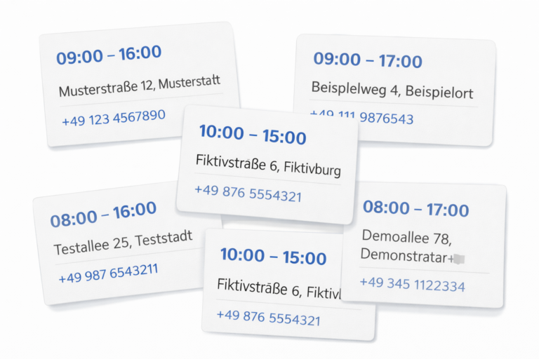 Illustration: widersprüchliche Öffnungszeiten und Kontaktdaten in Online-Einträgen