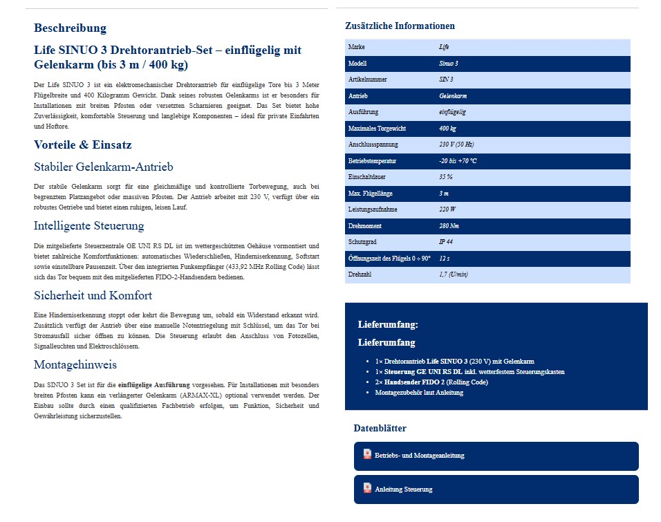 Produktdetailseite des Life SINUO 3 Drehtorantrieb Sets mit technischen Daten, Leistungsangaben und Lieferumfang