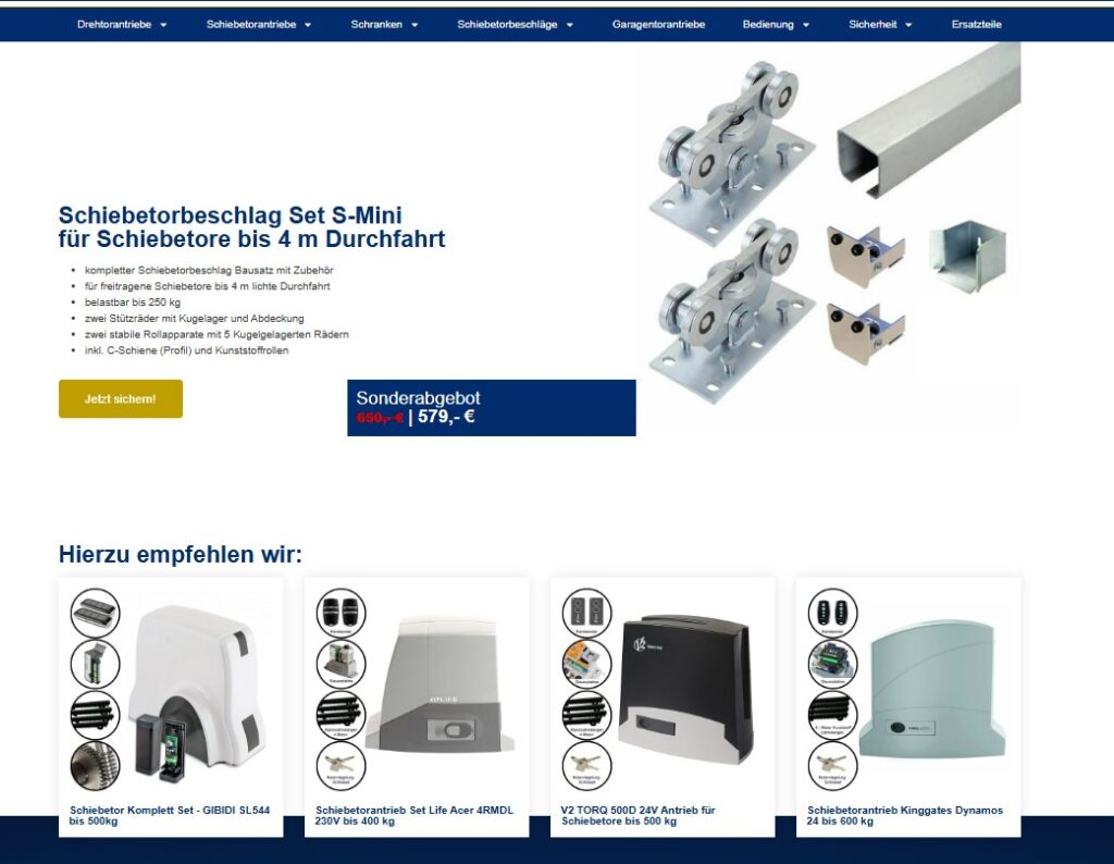 Produktdarstellung Schiebetorbeschlag Set S-Mini für freitragende Schiebetore bis 4 Meter Durchfahrt im Torprofi-Shop