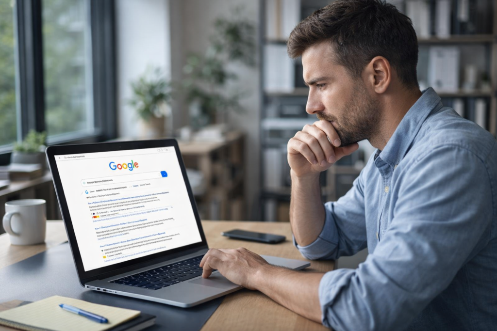Unternehmer sitzt nachdenklich vor Laptop mit Google-Suchergebnissen zur Website-Sichtbarkeit.