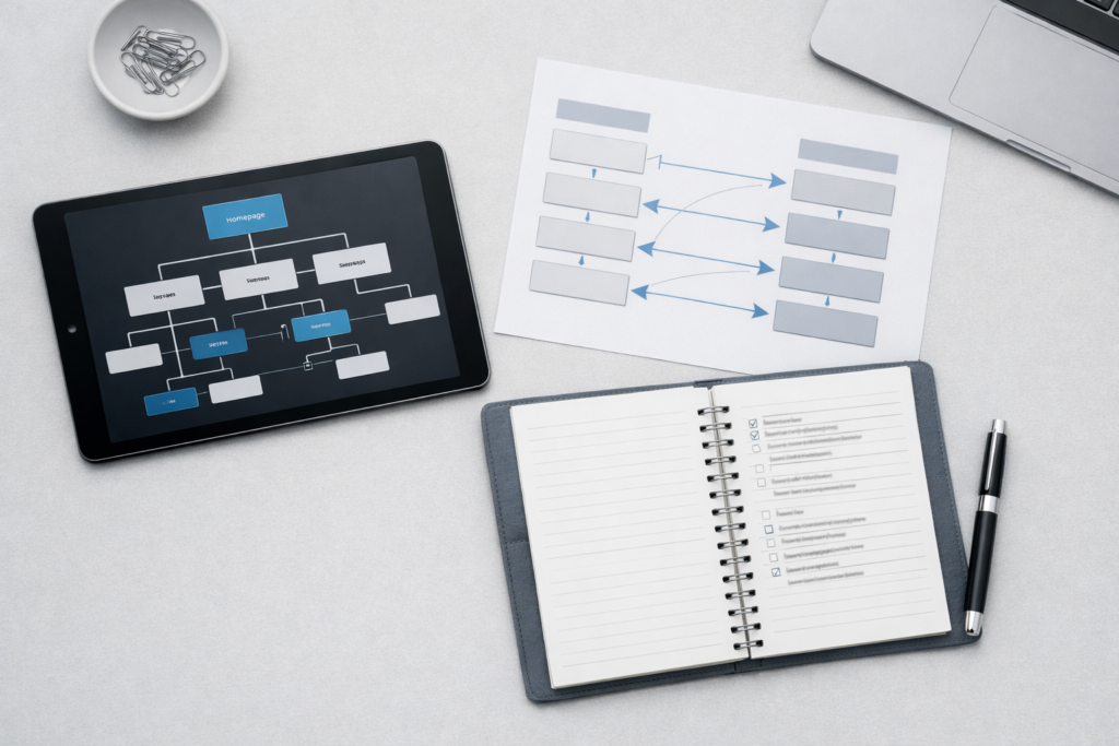 Strategische Planung eines Website-Relaunchs mit Strukturdiagramm und URL-Mapping