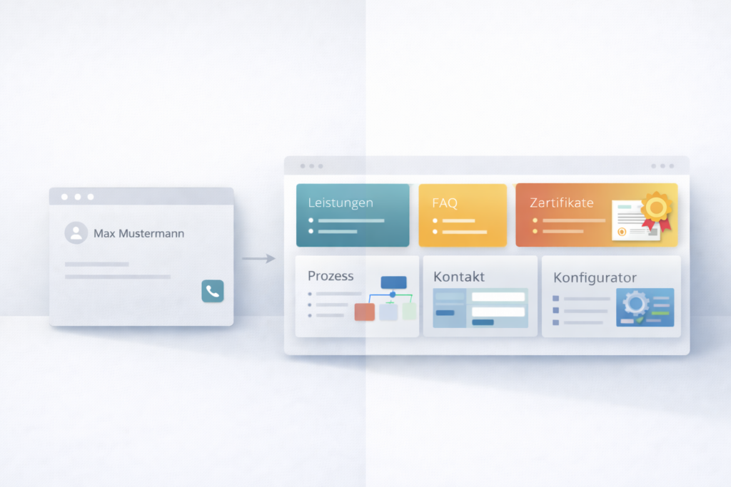 Vergleich zwischen einer einfachen Website als digitale Visitenkarte und einer strukturierten modernen Website mit Modulen wie Leistungen, FAQ, Zertifikate, Prozess, Kontakt und Konfigurator. Die linke Seite zeigt eine schlichte, graue Minimal-Website mit Name und Kontakt, die rechte Seite eine klar strukturierte, funktionale Website mit farblich hervorgehobenen Bereichen.