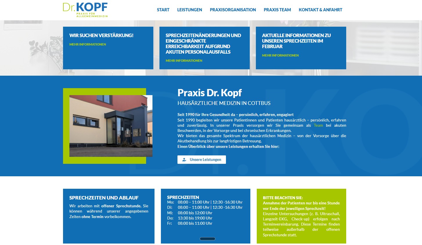 Praxis kopf website startseite screen
