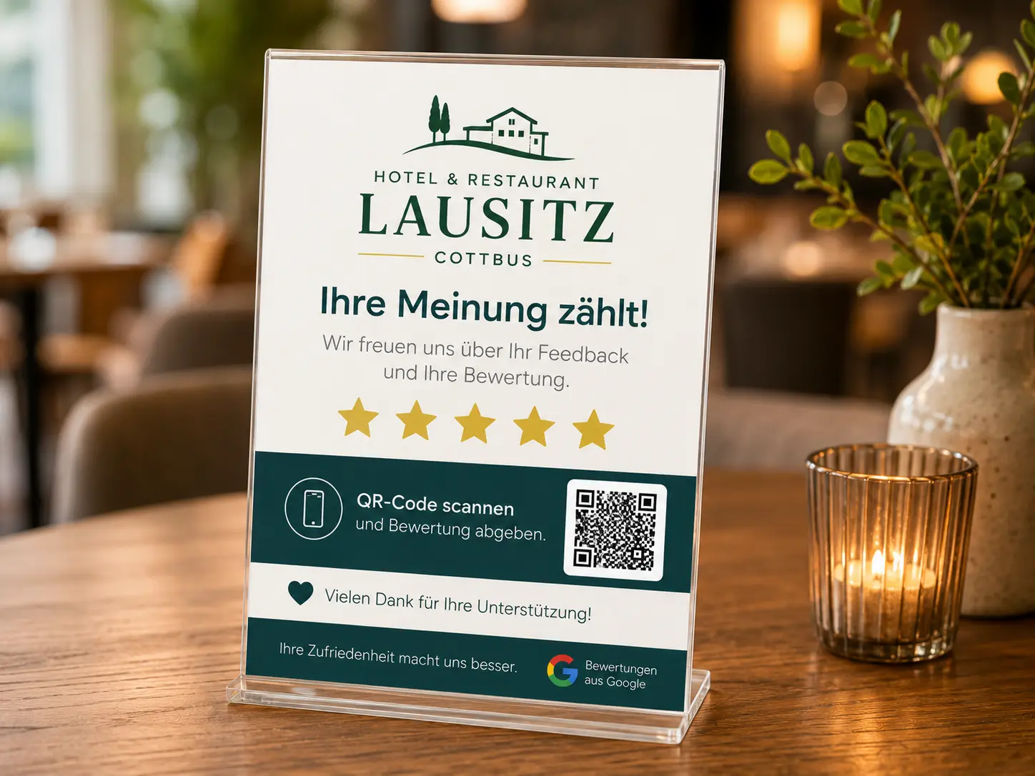 Bewertungsaufsteller fuer Hotel und Restaurant Lausitz in Cottbus