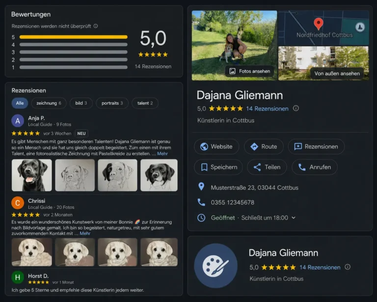 Google Bewertungen und Unternehmensprofil fuer Kuenstlerprofil in Cottbus