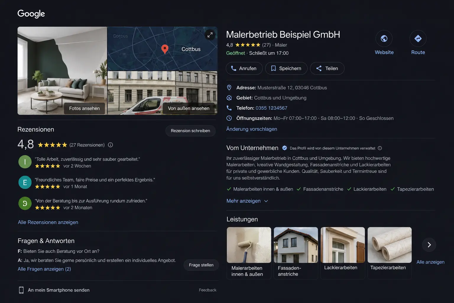 Beispielhafte Darstellung eines optimierten Google Unternehmensprofils als zentraler Baustein für Local SEO.