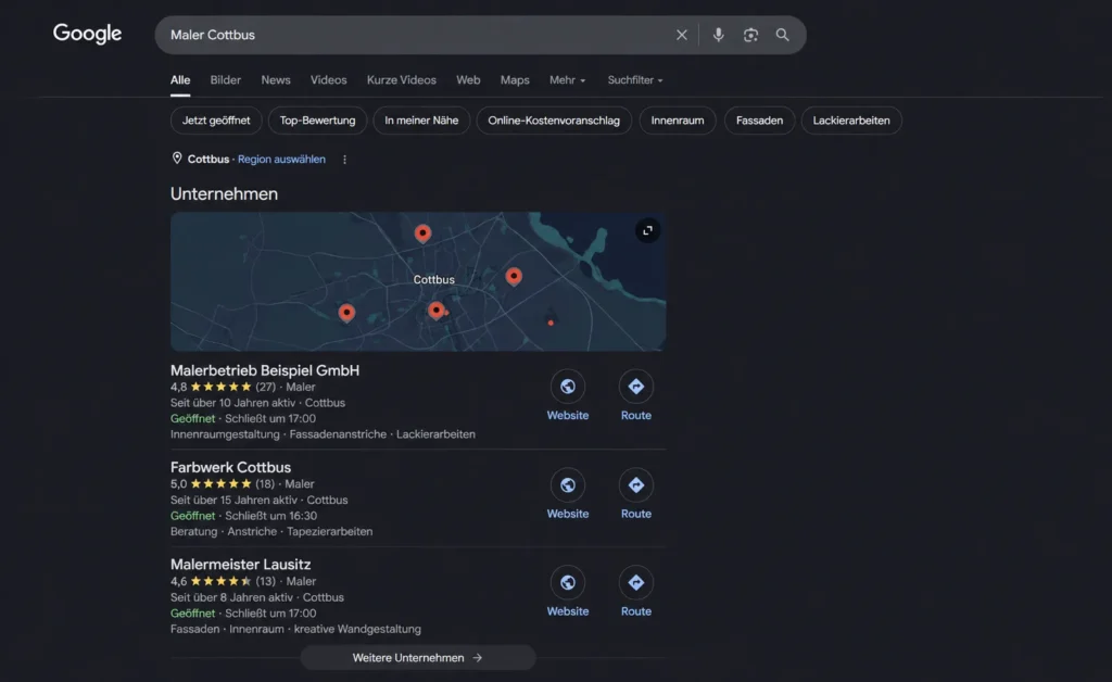 Anonymisiertes Google-Suchergebnis für „Maler Cottbus“ mit lokalen Unternehmenseinträgen und Kartenansicht als Beispiel für Local SEO.