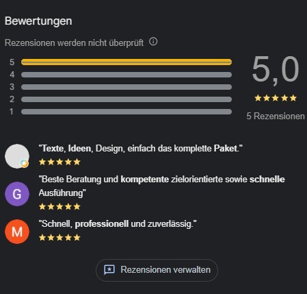 Google-Bewertungen-Widget mit Gesamtnote 5,0, fünf Sternen und fünf Rezensionen