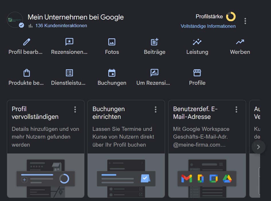 Google-Unternehmensprofil-Dashboard im dunklen Modus mit Menükacheln für Profil, Rezensionen, Fotos und Beiträge