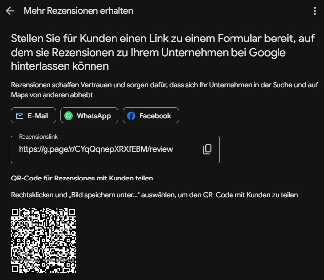 Google-Menü „Mehr Rezensionen erhalten" mit Bewertungslink im g.page-Format und schwarz-weißem QR-Code