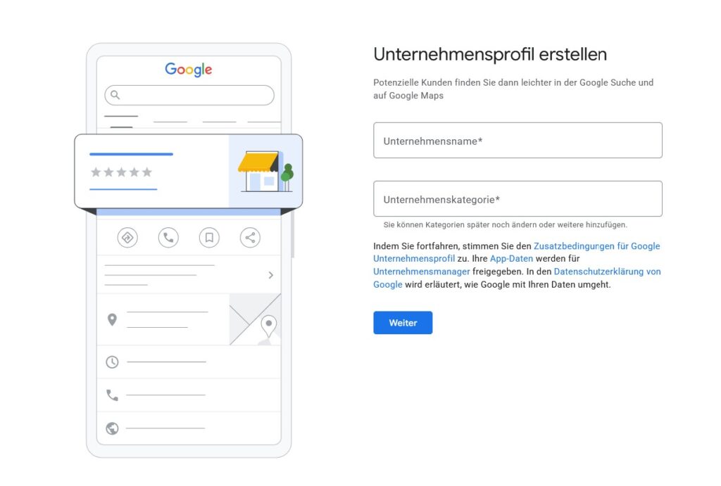 Google-Dialog Unternehmensprofil erstellen mit leeren Eingabefeldern für Unternehmensname und Unternehmenskategorie, links eine illustrierte Smartphone-Vorschau des Profils