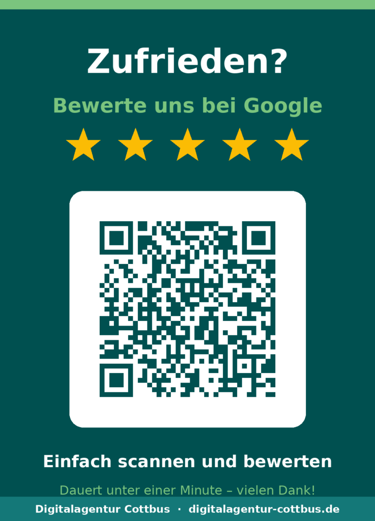 Petrolfarbener Tischaufsteller mit QR-Code, fünf goldenen Sternen und dem Text „Bewerte uns bei Google"